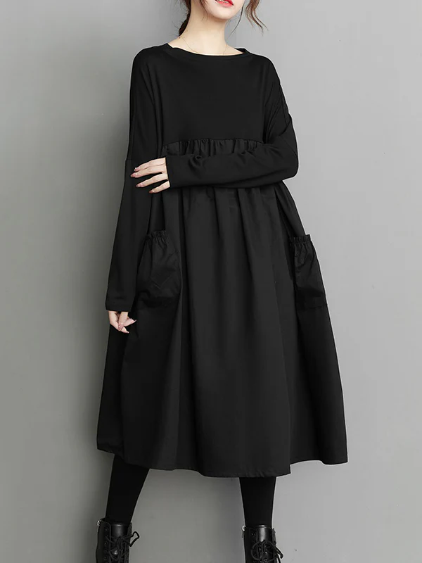 Simple Loose Black Split-Joint Long Sleeves Midi Dress - Image 2