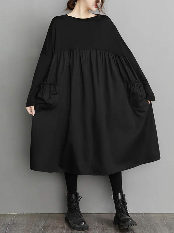 Simple Loose Black Split-Joint Long Sleeves Midi Dress - Image 3