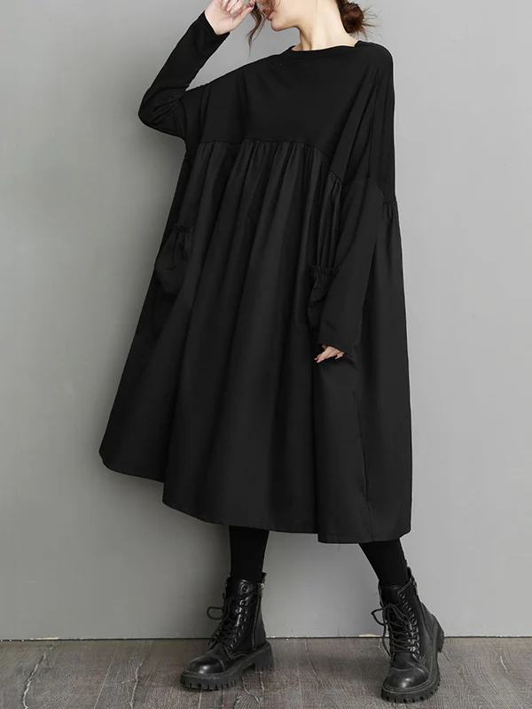 Simple Loose Black Split-Joint Long Sleeves Midi Dress - Image 4