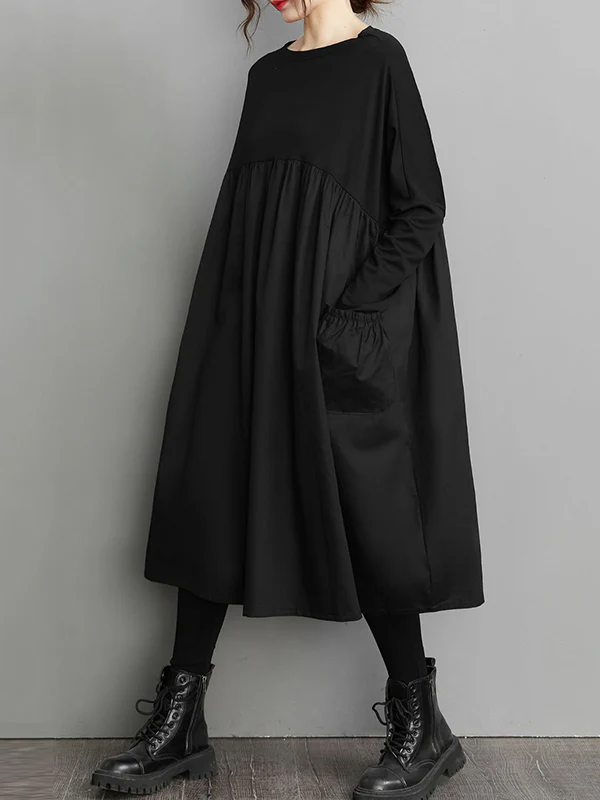 Simple Loose Black Split-Joint Long Sleeves Midi Dress - Image 5