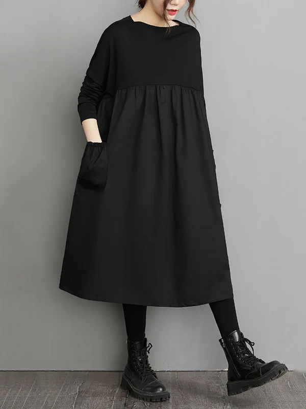 Simple Loose Black Split-Joint Long Sleeves Midi Dress - Image 6