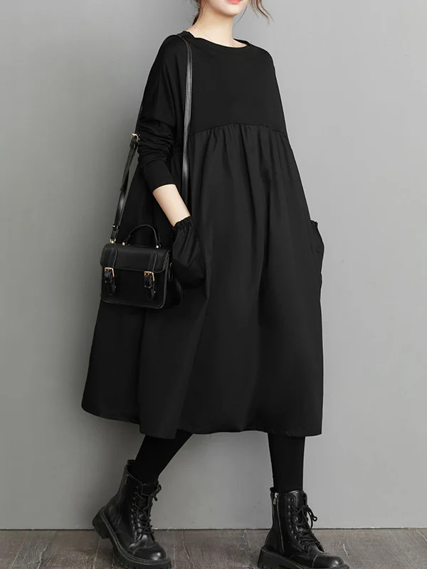 Simple Loose Black Split-Joint Long Sleeves Midi Dress - Image 7