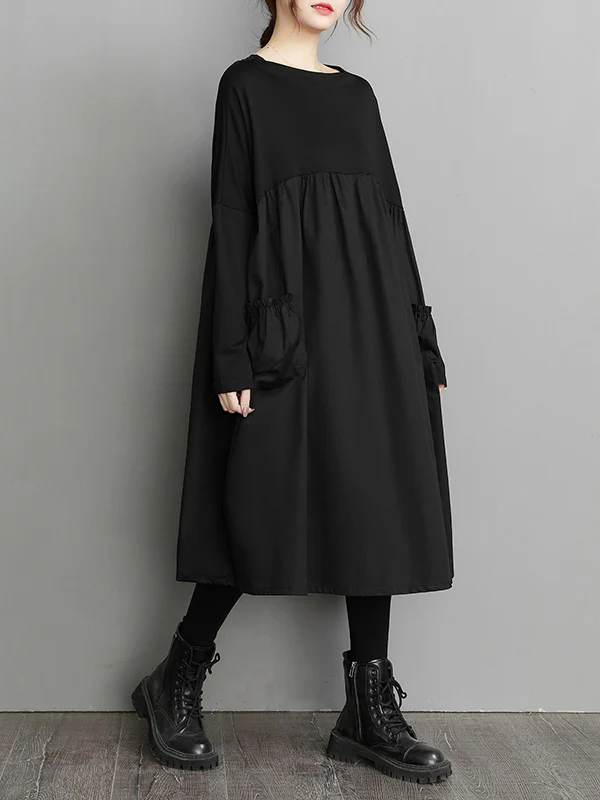 Simple Loose Black Split-Joint Long Sleeves Midi Dress - Image 8