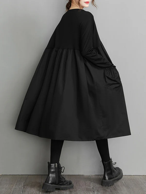 Simple Loose Black Split-Joint Long Sleeves Midi Dress - Image 9