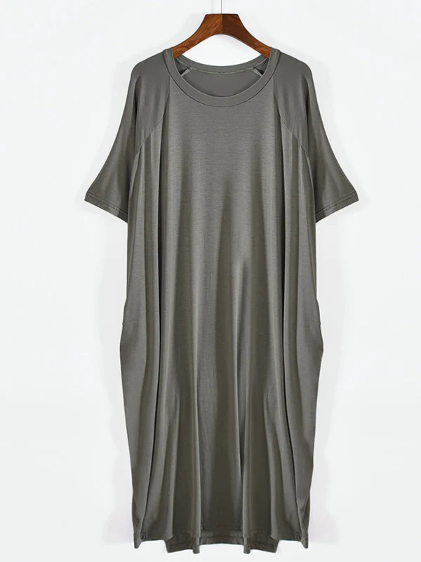 Simple Loose Half Sleeves Solid Color Round-Neck Pajamas Dress - Image 10
