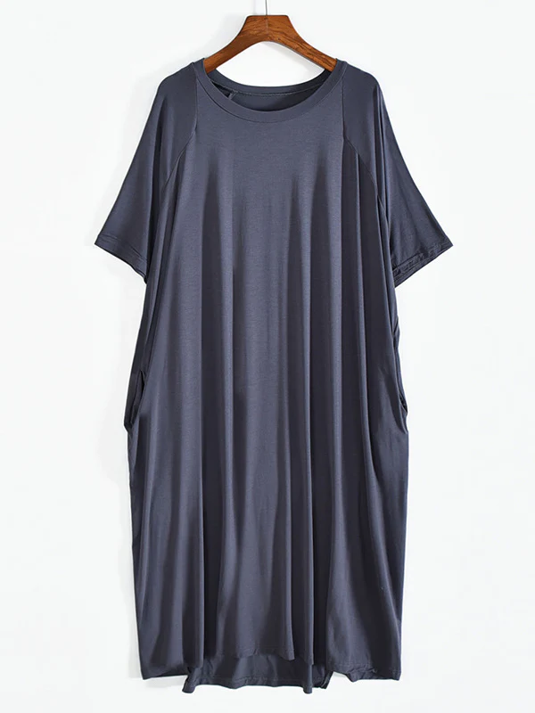 Simple Loose Half Sleeves Solid Color Round-Neck Pajamas Dress - Image 11