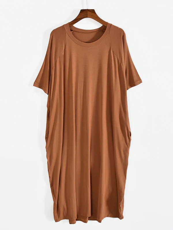 Simple Loose Half Sleeves Solid Color Round-Neck Pajamas Dress - Image 12