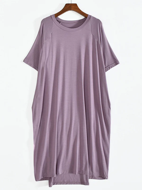 Simple Loose Half Sleeves Solid Color Round-Neck Pajamas Dress - Image 13