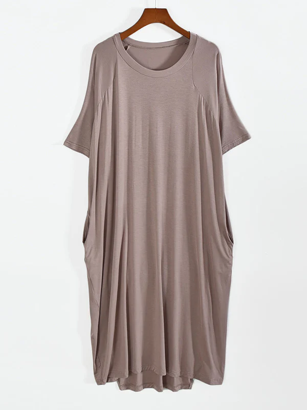 Simple Loose Half Sleeves Solid Color Round-Neck Pajamas Dress - Image 14