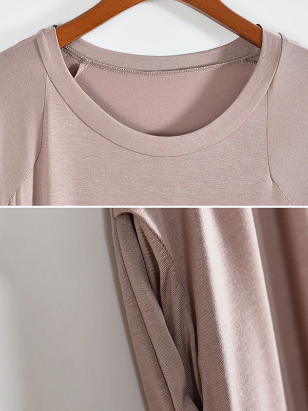 Simple Loose Half Sleeves Solid Color Round-Neck Pajamas Dress - Image 15