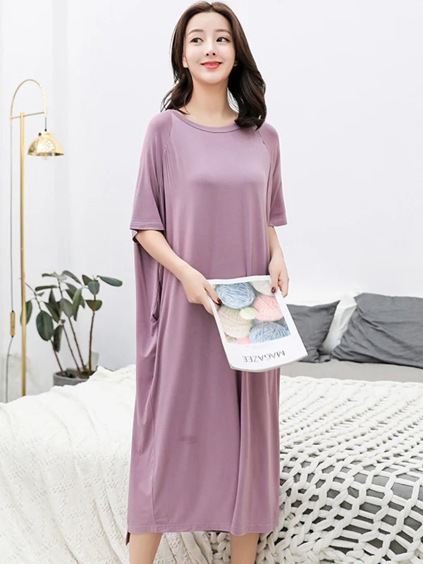 Simple Loose Half Sleeves Solid Color Round-Neck Pajamas Dress - Image 2