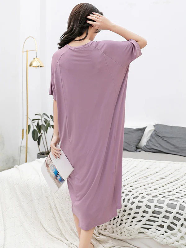 Simple Loose Half Sleeves Solid Color Round-Neck Pajamas Dress - Image 3