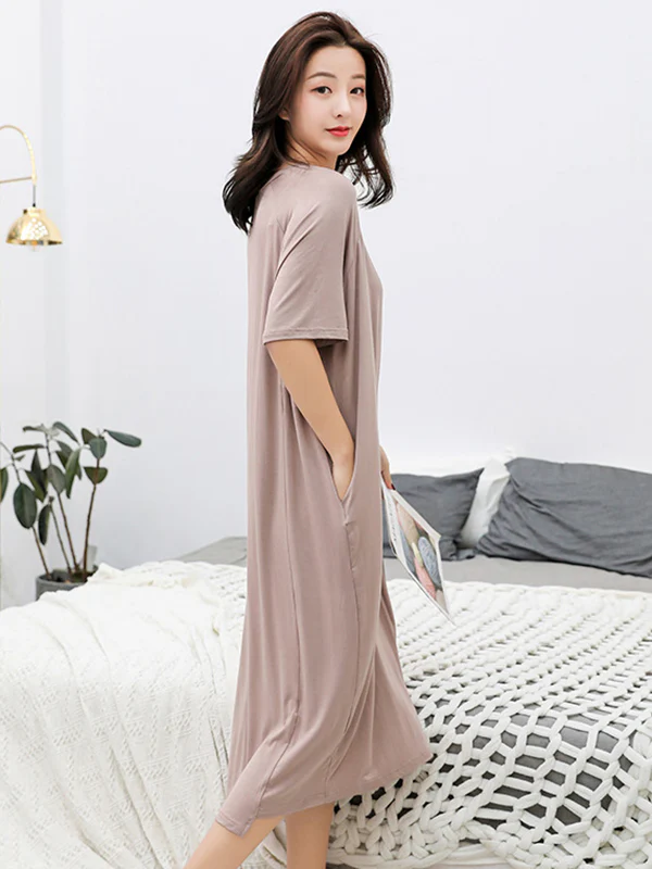 Simple Loose Half Sleeves Solid Color Round-Neck Pajamas Dress - Image 4