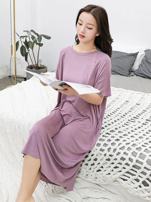 Simple Loose Half Sleeves Solid Color Round-Neck Pajamas Dress - Image 5