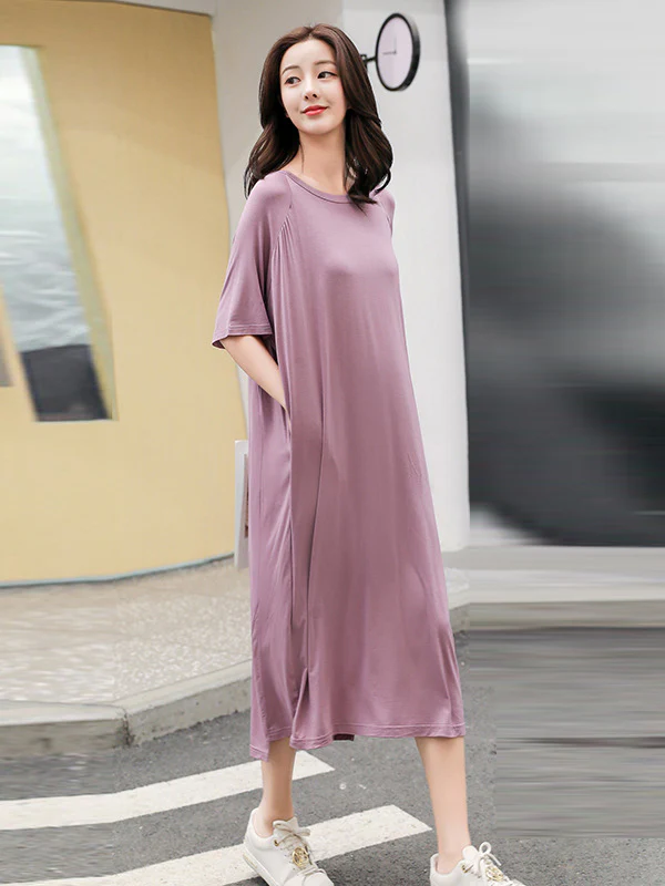 Simple Loose Half Sleeves Solid Color Round-Neck Pajamas Dress - Image 6