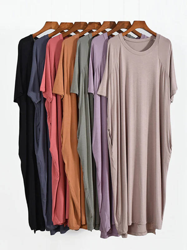 Simple Loose Half Sleeves Solid Color Round-Neck Pajamas Dress - Image 7