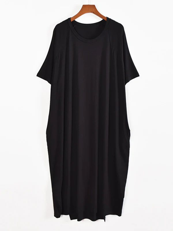 Simple Loose Half Sleeves Solid Color Round-Neck Pajamas Dress - Image 8