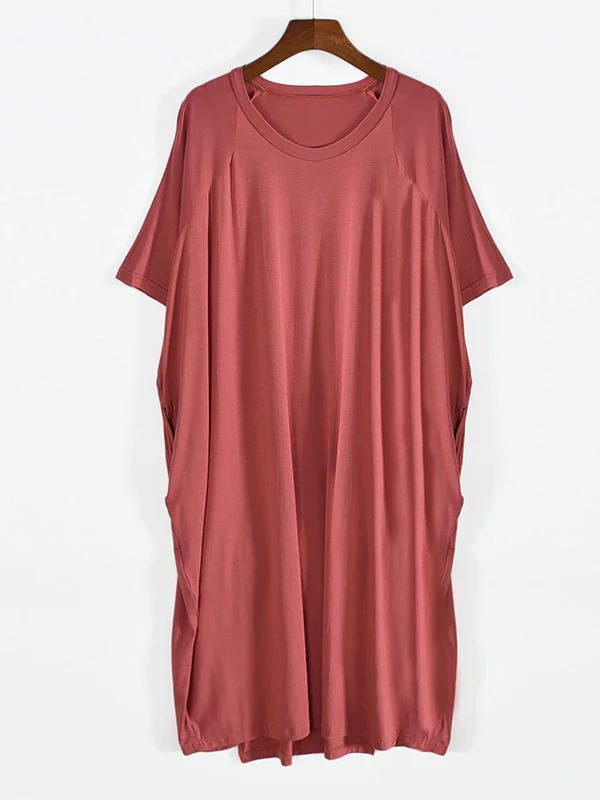 Simple Loose Half Sleeves Solid Color Round-Neck Pajamas Dress - Image 9