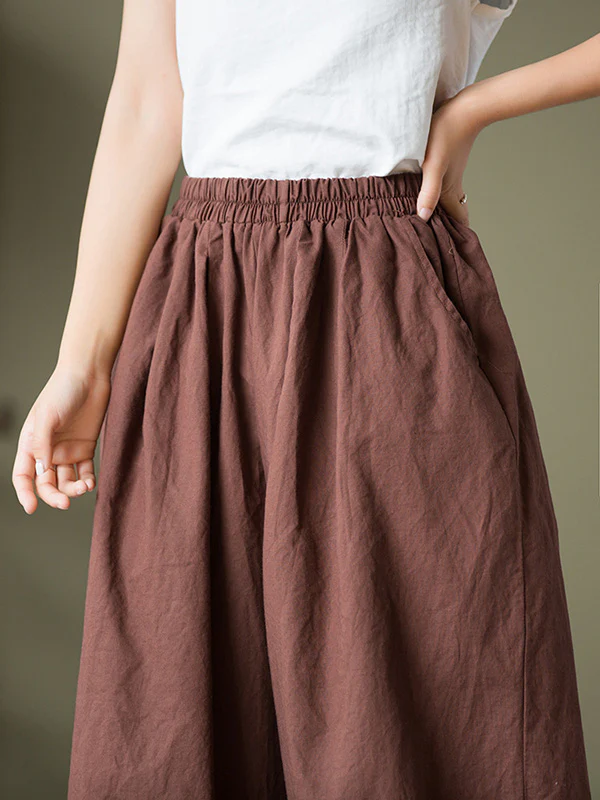 Simple Loose Linen Solid Color Pleated Drawstring Wide Legs Knickerbockers - Image 10
