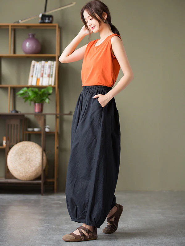 Simple Loose Linen Solid Color Pleated Drawstring Wide Legs Knickerbockers - Image 11