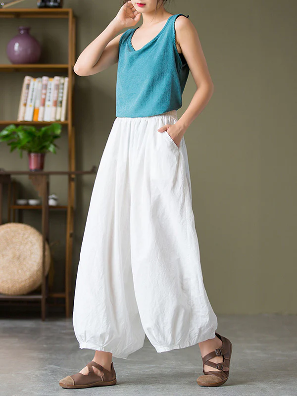 Simple Loose Linen Solid Color Pleated Drawstring Wide Legs Knickerbockers - Image 13