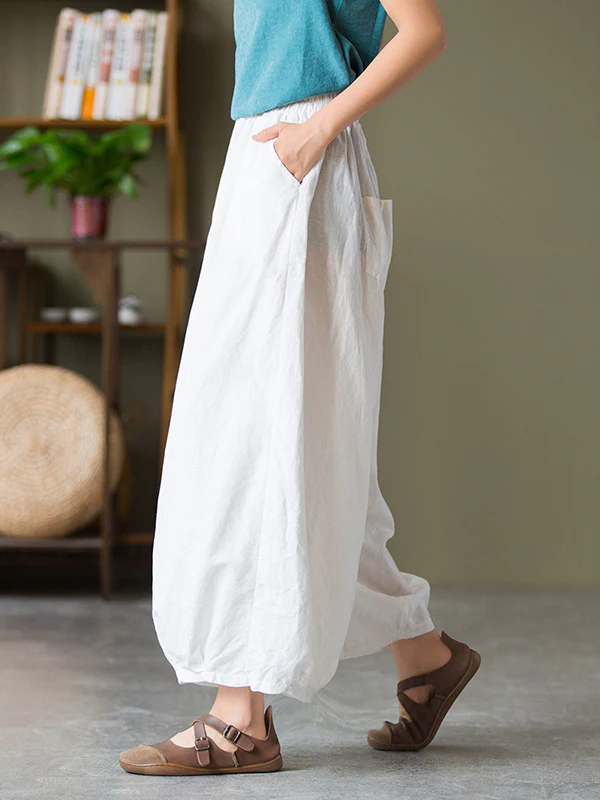 Simple Loose Linen Solid Color Pleated Drawstring Wide Legs Knickerbockers - Image 14