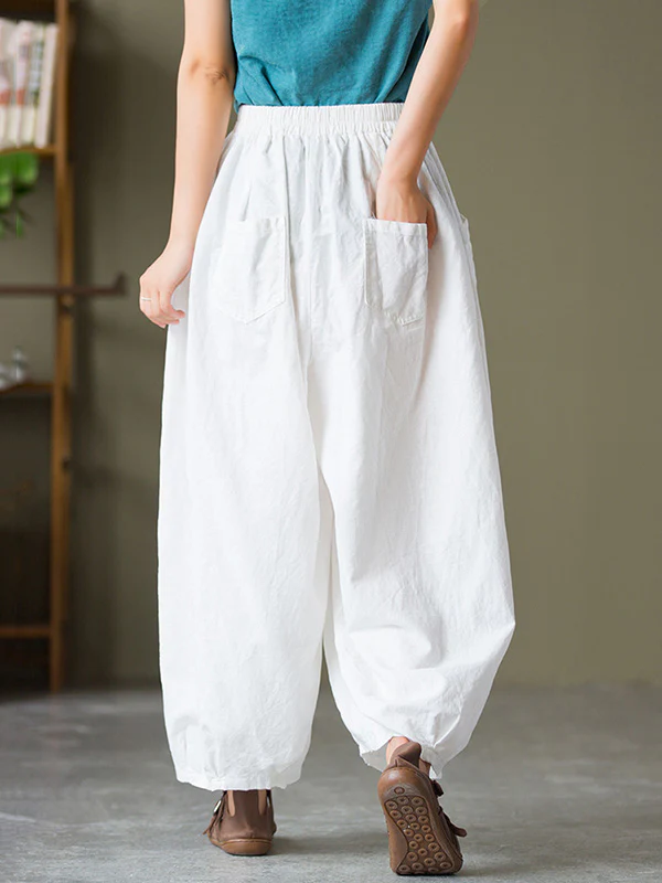 Simple Loose Linen Solid Color Pleated Drawstring Wide Legs Knickerbockers - Image 15