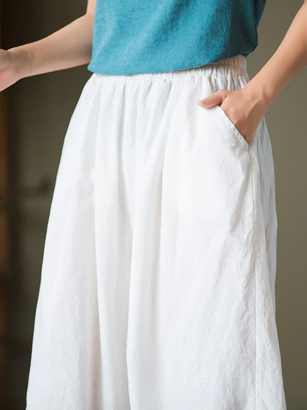 Simple Loose Linen Solid Color Pleated Drawstring Wide Legs Knickerbockers - Image 16