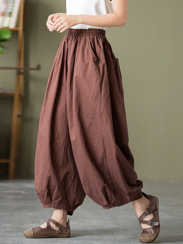 Simple Loose Linen Solid Color Pleated Drawstring Wide Legs Knickerbockers - Image 2