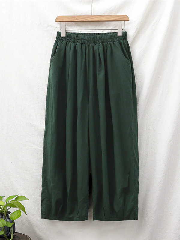 Simple Loose Linen Solid Color Pleated Drawstring Wide Legs Knickerbockers - Image 20