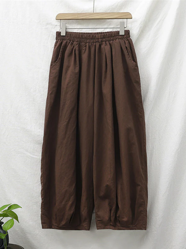 Simple Loose Linen Solid Color Pleated Drawstring Wide Legs Knickerbockers - Image 21
