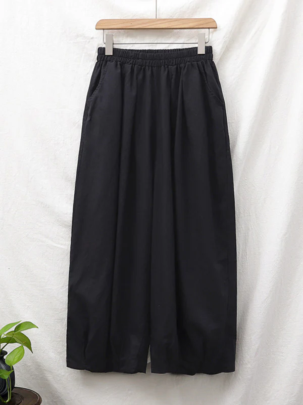 Simple Loose Linen Solid Color Pleated Drawstring Wide Legs Knickerbockers - Image 22
