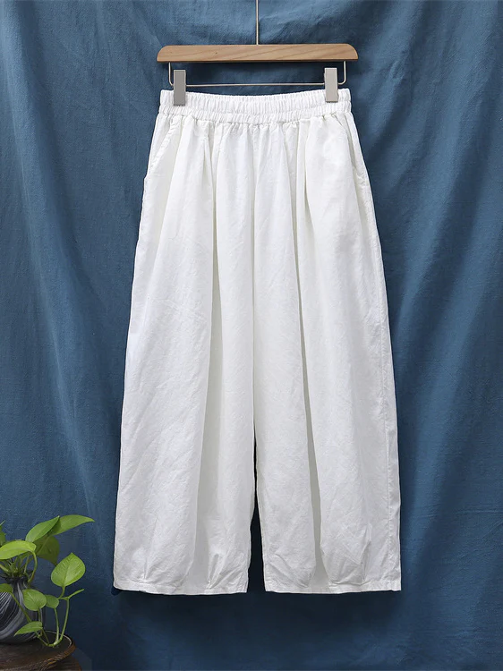 Simple Loose Linen Solid Color Pleated Drawstring Wide Legs Knickerbockers - Image 23