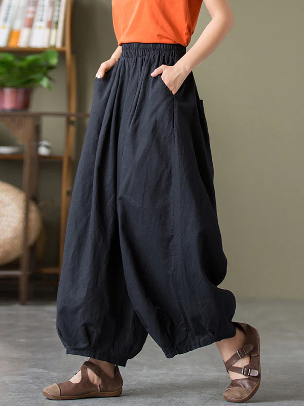 Simple Loose Linen Solid Color Pleated Drawstring Wide Legs Knickerbockers - Image 3