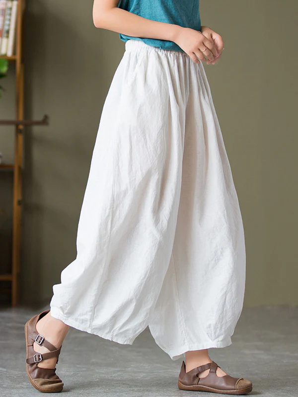 Simple Loose Linen Solid Color Pleated Drawstring Wide Legs Knickerbockers - Image 4