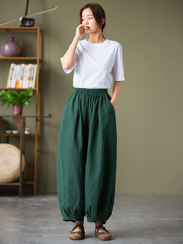 Simple Loose Linen Solid Color Pleated Drawstring Wide Legs Knickerbockers - Image 5