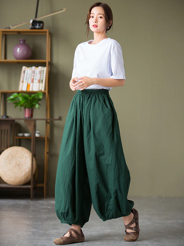 Simple Loose Linen Solid Color Pleated Drawstring Wide Legs Knickerbockers - Image 6