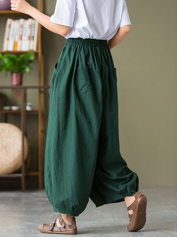 Simple Loose Linen Solid Color Pleated Drawstring Wide Legs Knickerbockers - Image 7