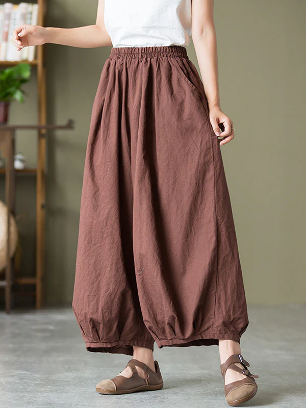 Simple Loose Linen Solid Color Pleated Drawstring Wide Legs Knickerbockers - Image 8