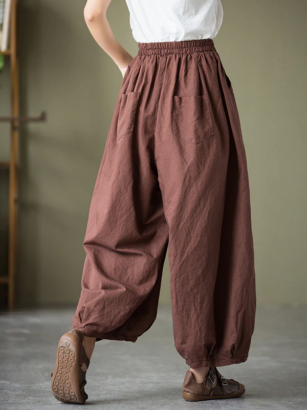 Simple Loose Linen Solid Color Pleated Drawstring Wide Legs Knickerbockers - Image 9