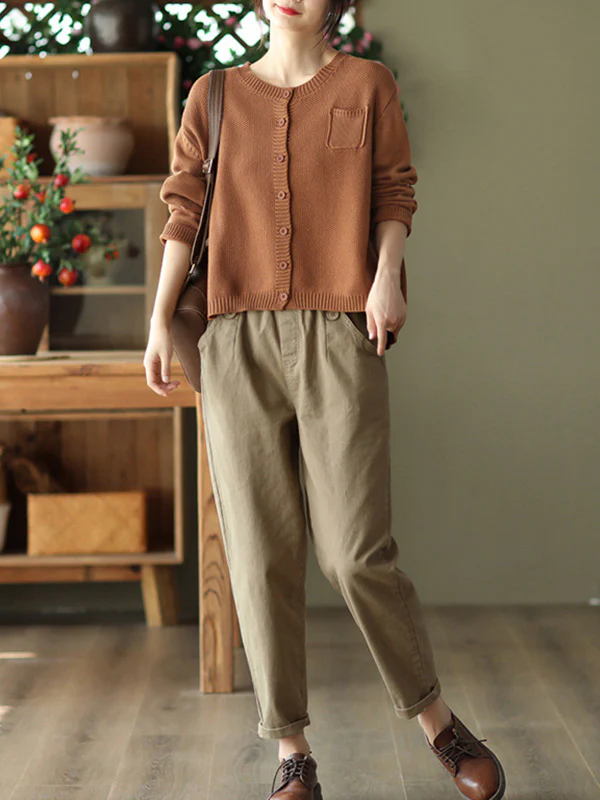 Simple Loose Long Sleeves Buttoned Solid Color Round-Neck Cardigan Tops - Image 10