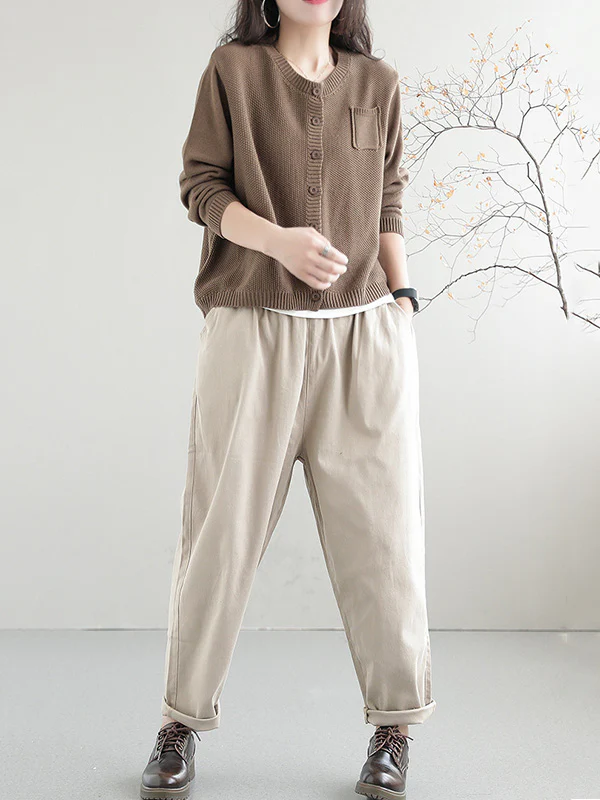 Simple Loose Long Sleeves Buttoned Solid Color Round-Neck Cardigan Tops - Image 11