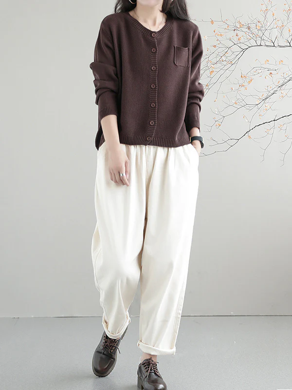 Simple Loose Long Sleeves Buttoned Solid Color Round-Neck Cardigan Tops - Image 12