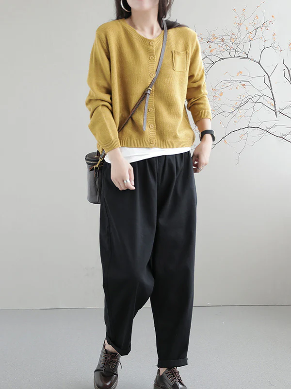 Simple Loose Long Sleeves Buttoned Solid Color Round-Neck Cardigan Tops - Image 13