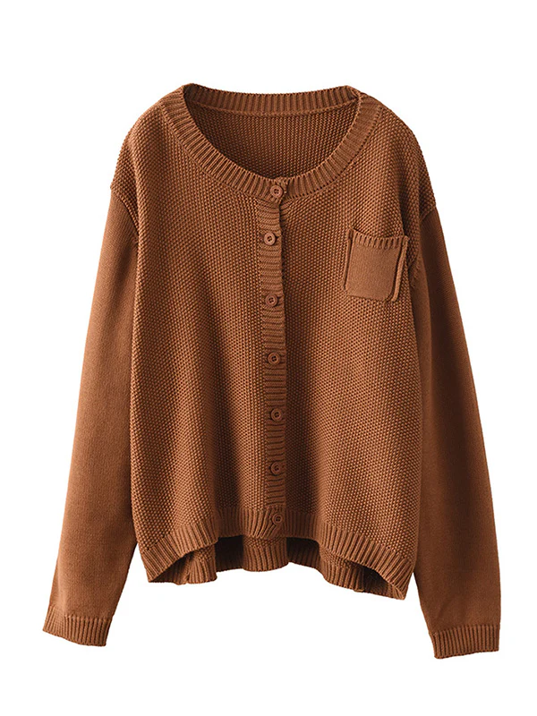 Simple Loose Long Sleeves Buttoned Solid Color Round-Neck Cardigan Tops - Image 17