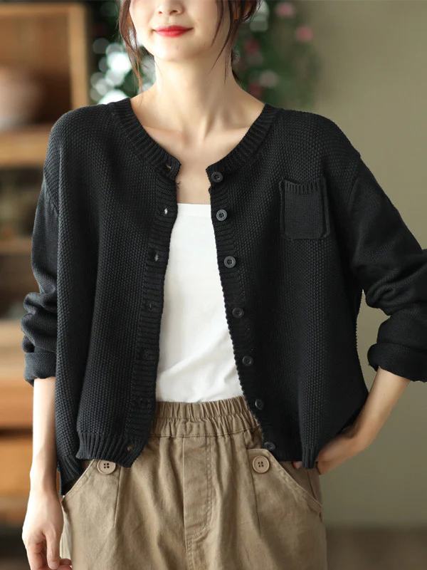 Simple Loose Long Sleeves Buttoned Solid Color Round-Neck Cardigan Tops - Image 2