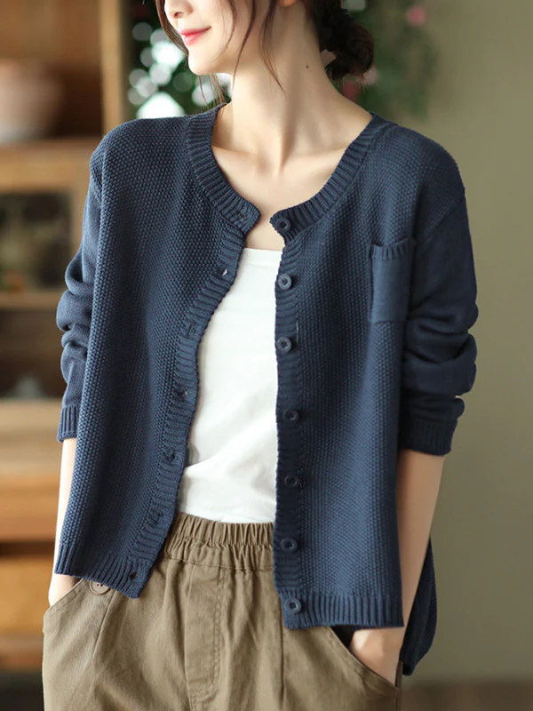 Simple Loose Long Sleeves Buttoned Solid Color Round-Neck Cardigan Tops - Image 3
