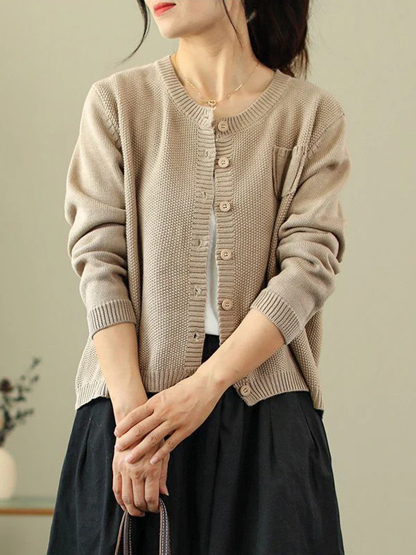 Simple Loose Long Sleeves Buttoned Solid Color Round-Neck Cardigan Tops - Image 4