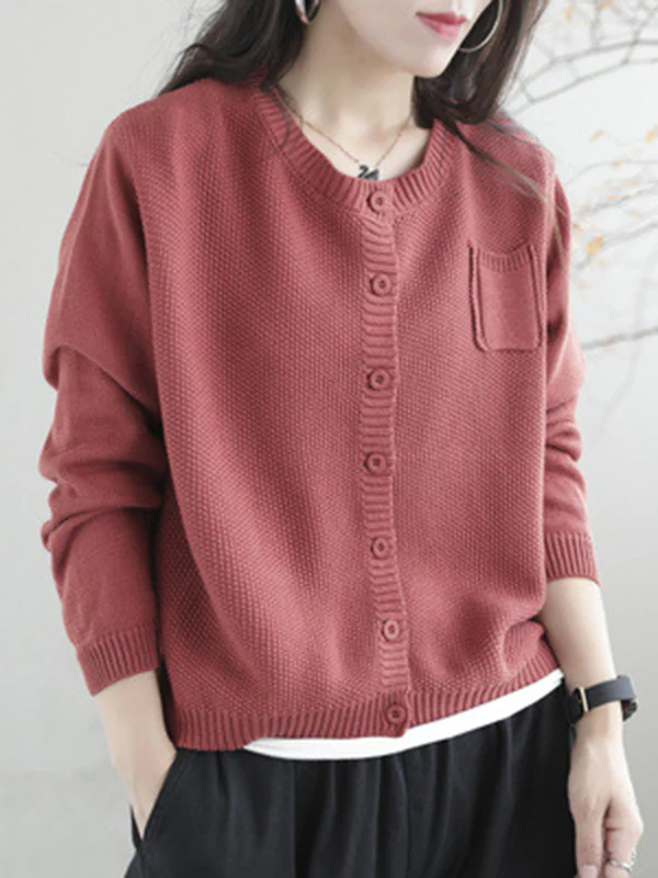 Simple Loose Long Sleeves Buttoned Solid Color Round-Neck Cardigan Tops - Image 5