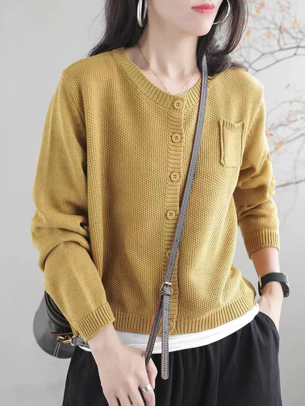 Simple Loose Long Sleeves Buttoned Solid Color Round-Neck Cardigan Tops - Image 6